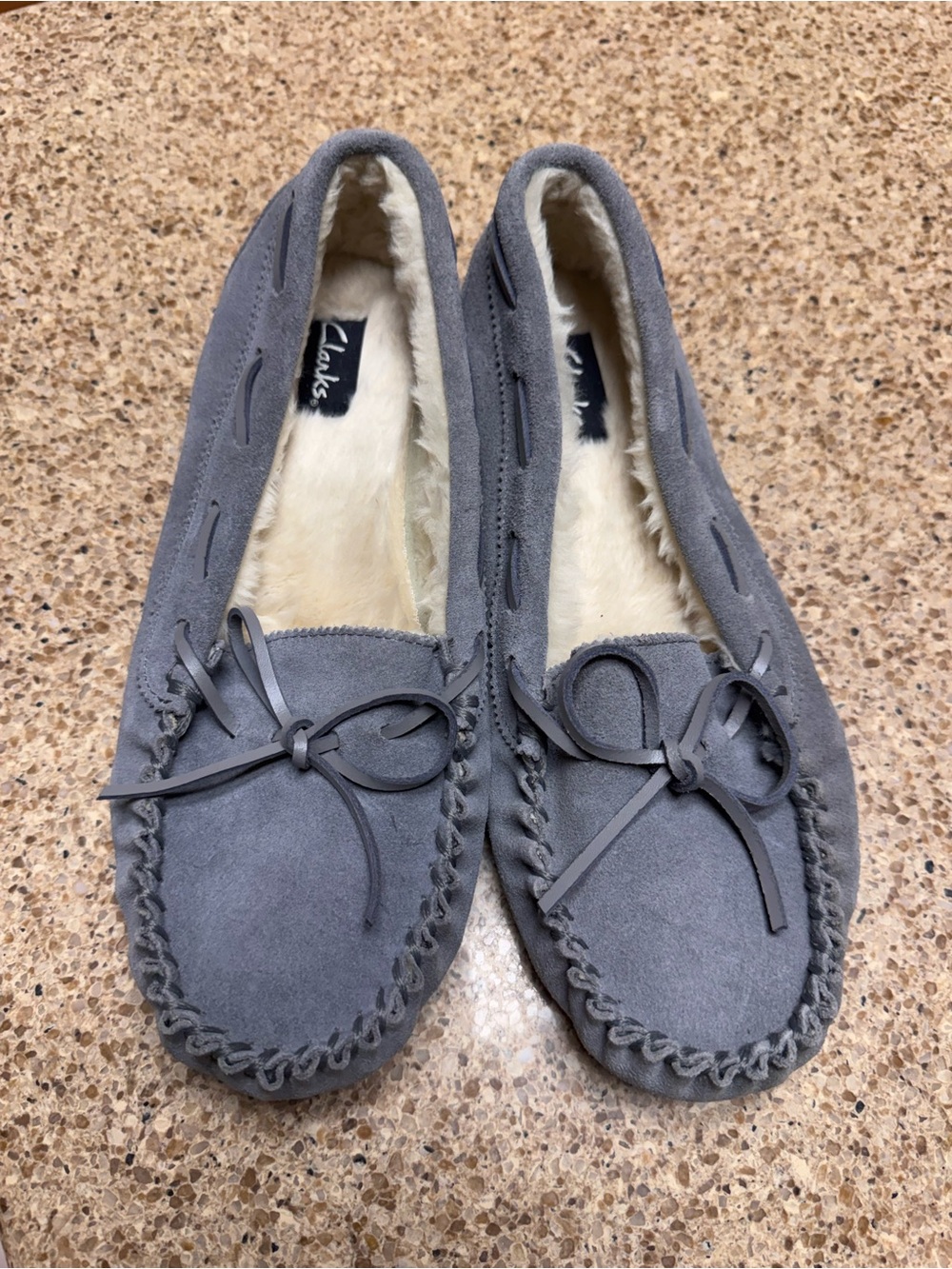 Clarks Gray Suede Fleece-Lined Women's Moccasin Slippers